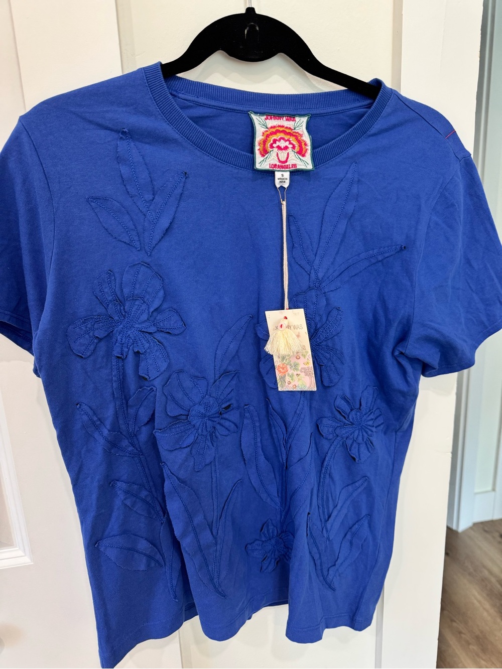 Johnny Was Cobalt Blue Short-Sleeve Tee with Tonal Floral Embroidery